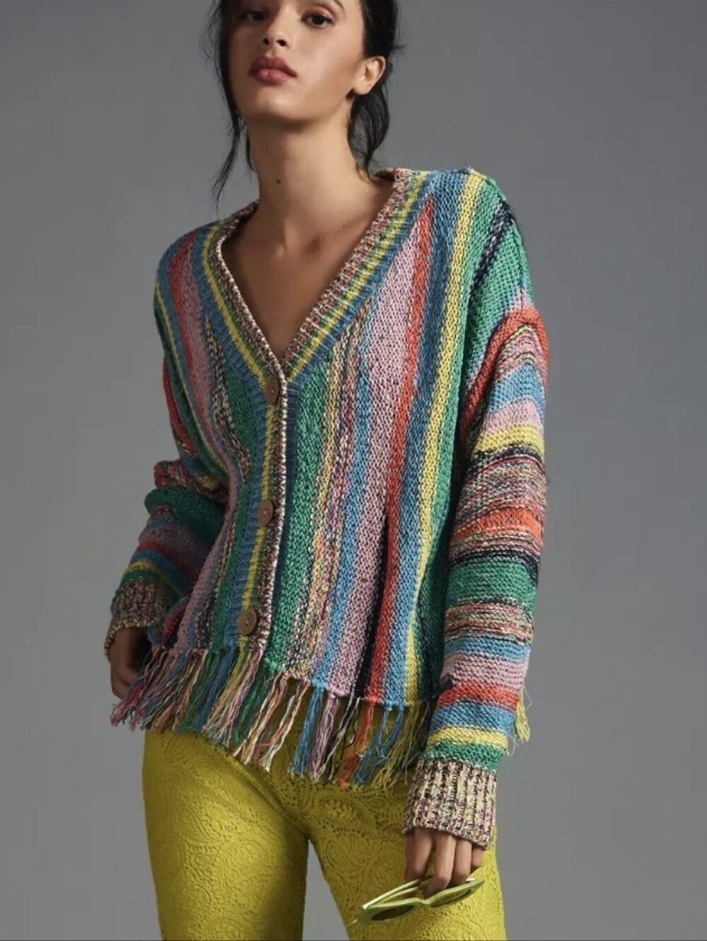 Pilcro Rainbow Boho Fringe Trim Cropped/Boxy Cotton-rich Cardigan (Size L)